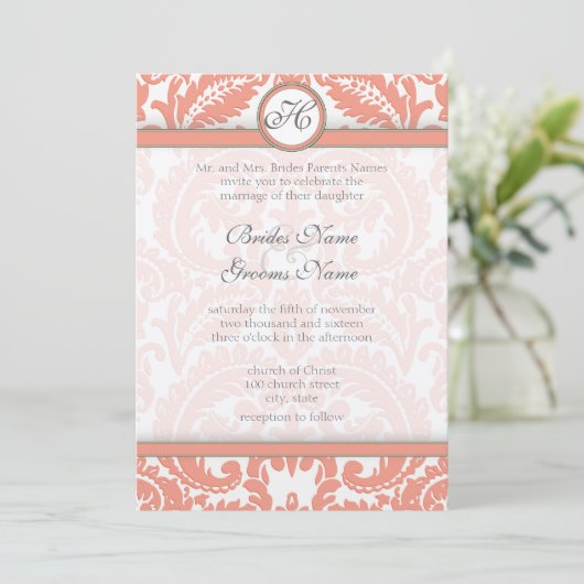 PEACH Gray Viktorianisch Damask Hochzeitseinladung Einladung (Stehend Vorderseite)