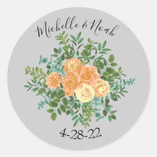 Peach Gray Wedding Spring Floral Runder Aufkleber (Vorderseite)