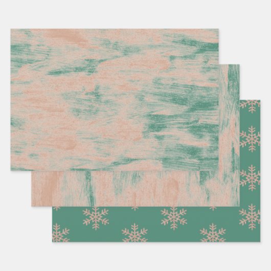 Peach Green Abstrakt Snowflakes Weihnachten Geschenkpapier Set (Set)