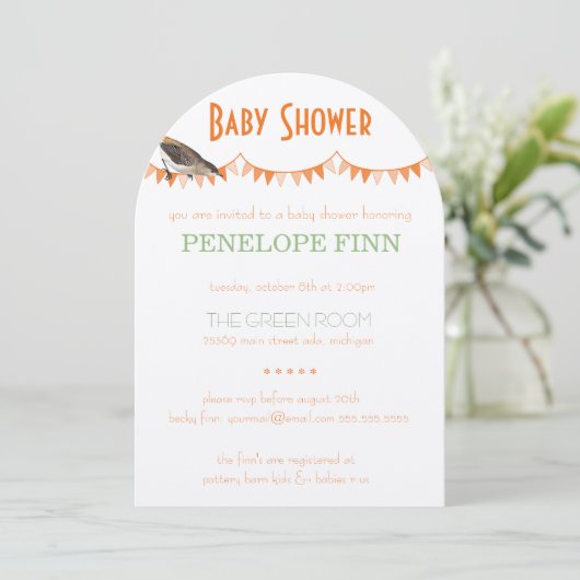 Peach Green Bunting Bird Baby Dusche Einladung (Stehend Vorderseite)