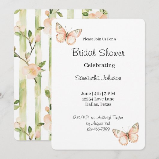 Peach Green Butterflies Floral Bridal Shower   Einladung (Vorne/Hinten)
