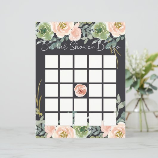 Peach Green Navy Pastel Floral Brautparty Bingo (Stehend Vorderseite)
