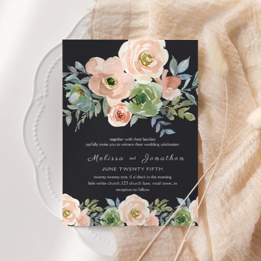 Peach Green Navy Pastel Floral Wedding Einladung