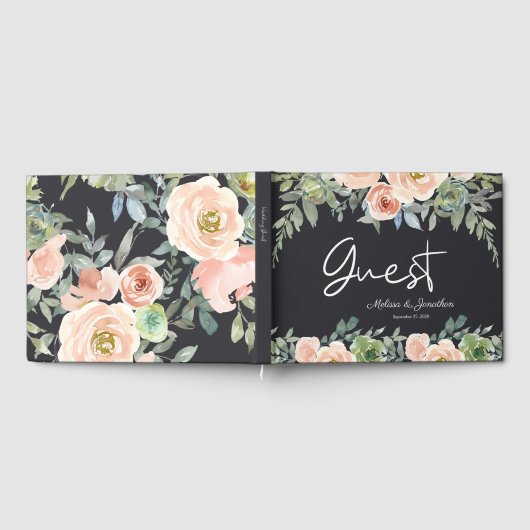 Peach Green Navy Pastel Floral Wedding Gästebuch (Voll)