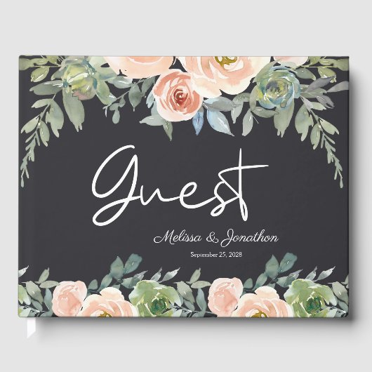Peach Green Navy Pastel Floral Wedding Gästebuch (Vorderseite)