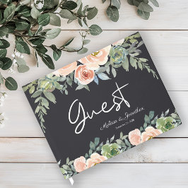 Peach Green Navy Pastel Floral Wedding Gästebuch