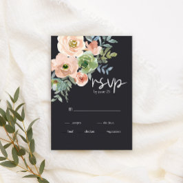 Peach Green Navy Pastel Floral Wedding RSVP Card Karte