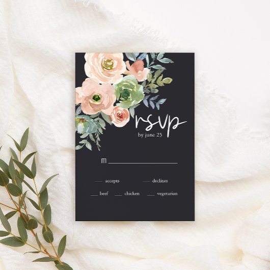 Peach Green Navy Pastel Floral Wedding RSVP Card Karte