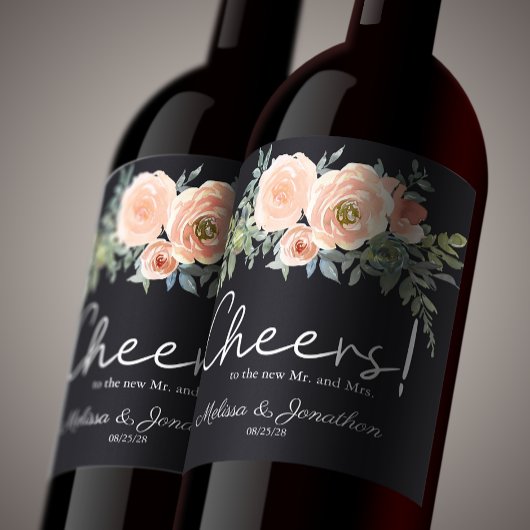 Peach Green Navy Pastel Floral Wedding Wine Label Weinetikett