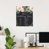 Peach Green Navy Pastel Floral Wedding Zeitplan Poster (Heimbüro)