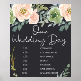 Peach Green Navy Pastel Floral Wedding Zeitplan Poster