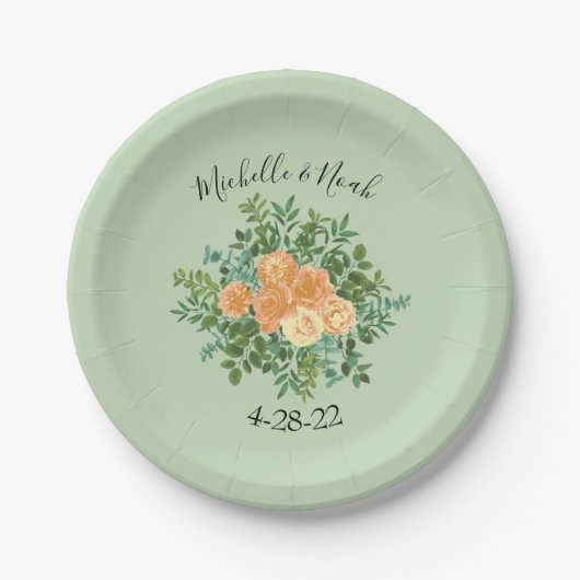 Peach Green Wedding Spring Pastel Floral Pappteller (Vorderseite)