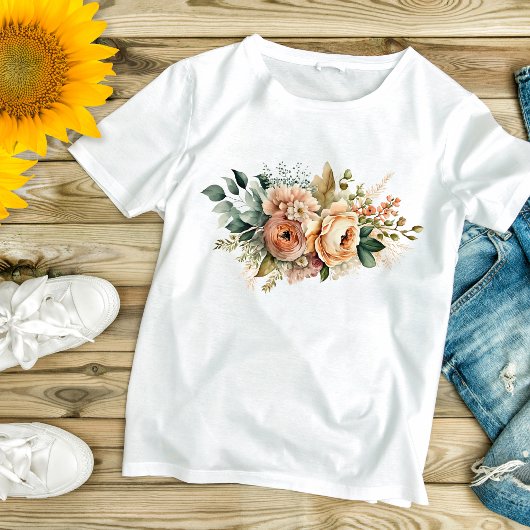 Peach Greenery Botanical Watercolor Floral Bouquet T-Shirt