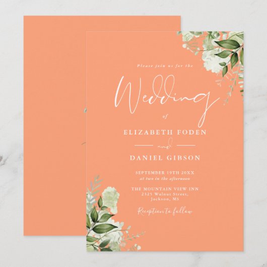 Peach Greenery Floral Monogram Wedding Einladung (Vorne/Hinten)