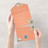 Peach Greenery Floral QR Code Monogram Wedding All In One Einladung (Abreißen)