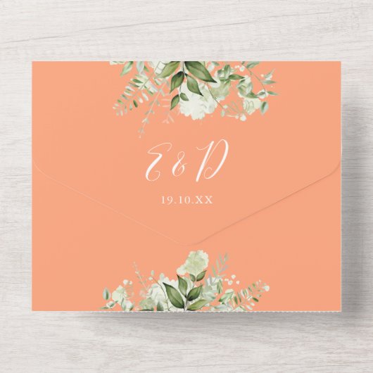 Peach Greenery Floral QR Code Monogram Wedding All In One Einladung (Rückseite)