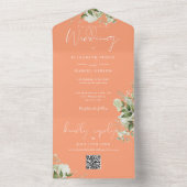 Peach Greenery Floral QR Code Monogram Wedding All In One Einladung (Innen Boden)