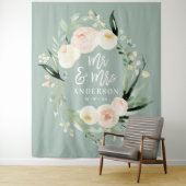 Peach + grün Mr. & Mrs. Aquarell Blumenhochzeit Wandteppich (Beispiel)