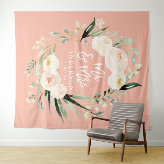 Peach + grün Mr. & Mrs. Aquarell Blumenhochzeit Wandteppich (Beispiel (Horizontal))