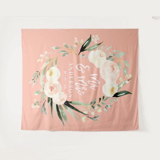 Peach + grün Mr. & Mrs. Aquarell Blumenhochzeit Wandteppich (Vorderseite (Horizontal))