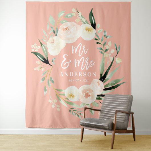 Peach + grün Mr. & Mrs. Aquarell Blumenhochzeit Wandteppich (Beispiel)