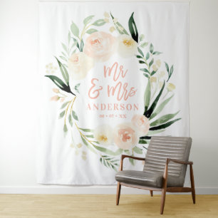 Peach + grün Mr. & Mrs. Aquarell Blumenhochzeit Wandteppich