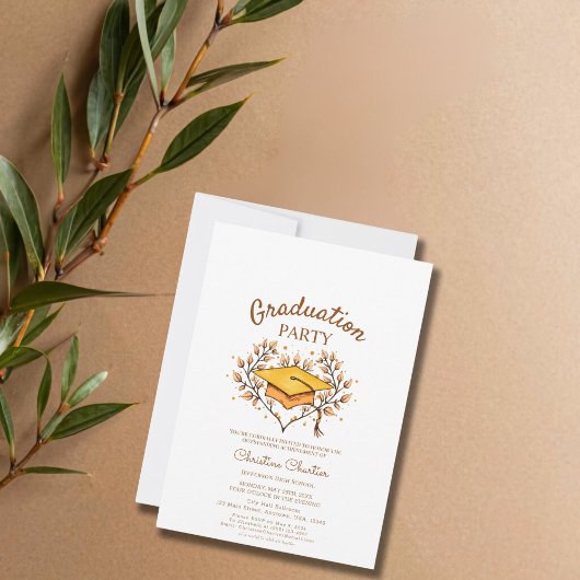 Peach Hand gezeichnet goldener Cap Abschluss Einladung