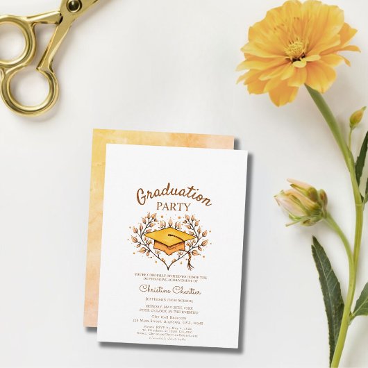 Peach Hand gezeichnet goldener Cap Abschluss Einladung