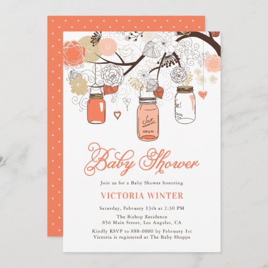 Peach Hanging Mason Jars Baby Shower Einladung (Vorne/Hinten)