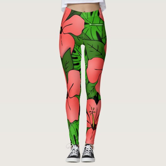 Peach Hibiskus & Monstera Leggings (Vorderseite)