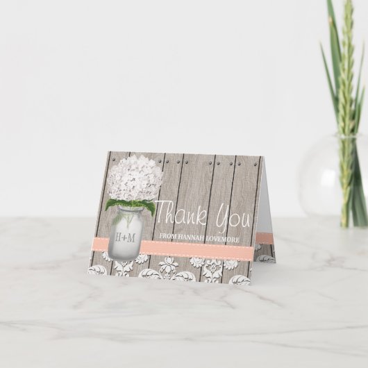 Peach Hydrangea Mit Monogramm Mason Jar DANK Dankeskarte (Vorderseite)