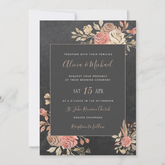 Peach Ivory Blush Moody Dark Gray Wedding Einladung (Vorderseite)