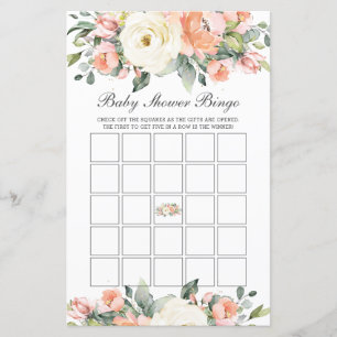 Peach Ivory Floral Baby Dusche Bingo Party Game
