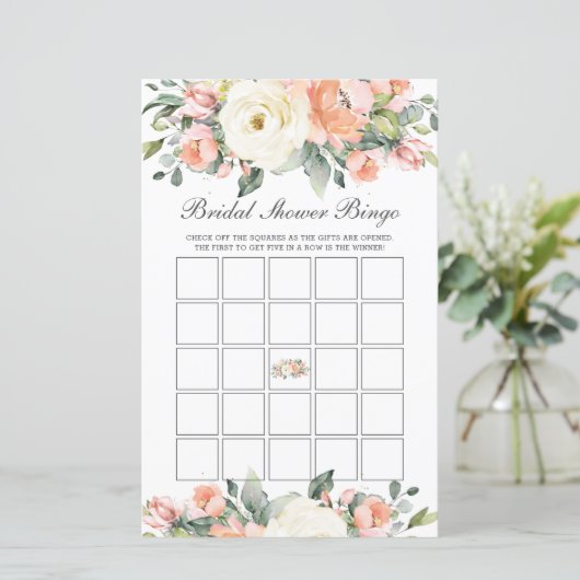 Peach Ivory Floral Brautparty Bingo Party Game (Stehend Vorderseite)