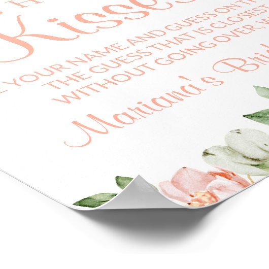 Peach Ivory Floral Kisses Brautparty Game Sign Poster (Ecke)