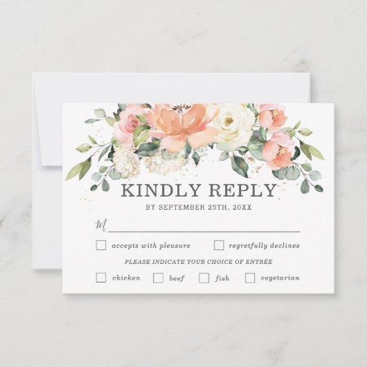 Peach Ivory Floral Wedding Meal Choice RSVP Karte (Vorderseite)