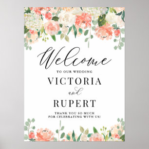 Peach Ivory Peony and Hydrangea Wedding Willkommen Poster