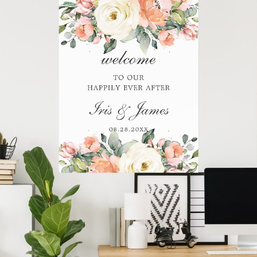 Peach Ivory Pink Floral Wedding Willkommenszeichen Poster (Heimbüro)