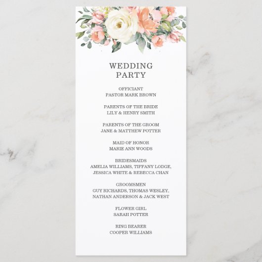 Peach Ivory White Pink Floral Wedding Programm (Rückseite)