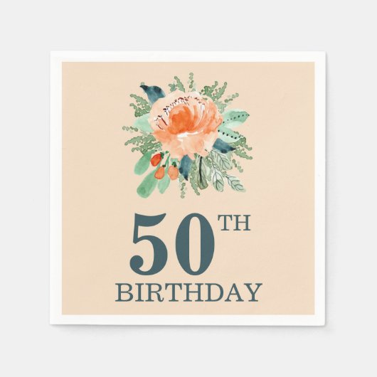 Peach Jade Aquamarin Floral Watercolor Geburtstag Serviette (Vorderseite)