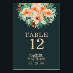 Peach Jade Aquamarin Floral Watercolor Tischnummer<br><div class="desc">Elegante Aquarelltöne in Pfirsichtönen bis Orangen, die mit aquamarinem bis Jadegrün bestickt sind, unterstreichen diese Tischnummer Cards mit schicken pfirsichfarbenen Buchstaben. Personalisieren Sie Ihre Daten, die auf der Vorder- und Rückseite gedruckt werden (doppelseitig). HINWEIS: Erstellen und fügen Sie jede Tischnummer, die Sie benötigen, individuell in Ihren Warenkorb. Ändern Sie den...</div>