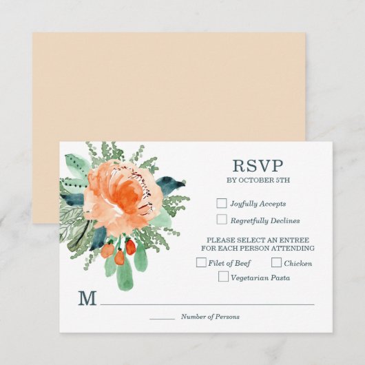 Peach Jade Aquamarin Floral Wedding RSVP Cards (Vorne/Hinten)