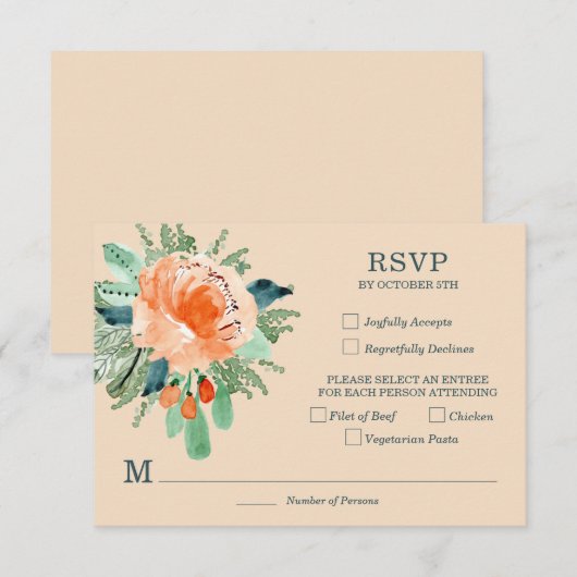 Peach Jade Aquamarin Floral Wedding RSVP Cards Karte (Vorne/Hinten)