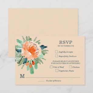 Peach Jade Aquamarin Floral Wedding RSVP Cards Karte