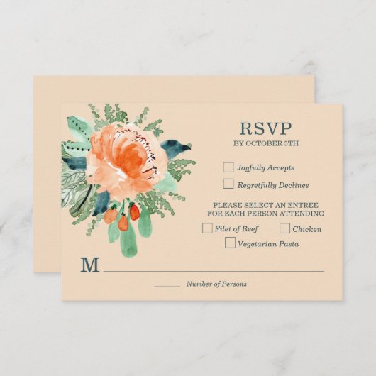 Peach Jade Aquamarin Floral Wedding RSVP Karte (Vorne/Hinten)