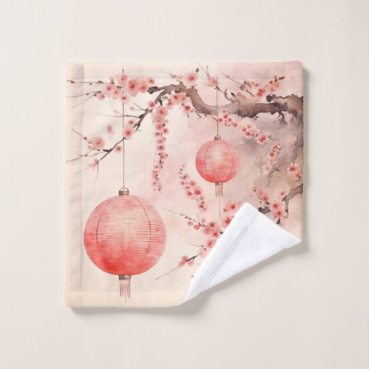 Peach Japanese Lanterns Sakura Blüten Badhandtuch Set (Waschlappen)