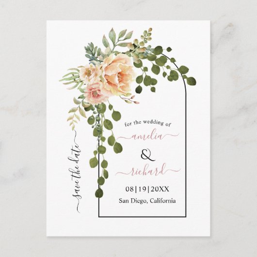 Peach Korallen Blume Bogen Hochzeit Speichern Sie Postkarte (Vorderseite)
