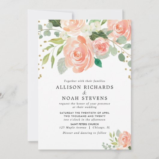 Peach Korallen Grün Sommer Frühjahr Blumen Hochzei Einladung (Vorderseite)
