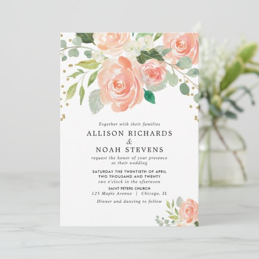 Peach Korallen Grün Sommer Frühjahr Blumen Hochzei Einladung (Stehend Vorderseite)