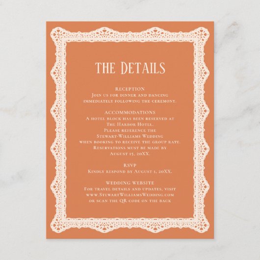 Peach Lace Details Reception Information Wedding  Begleitkarte (Vorderseite)